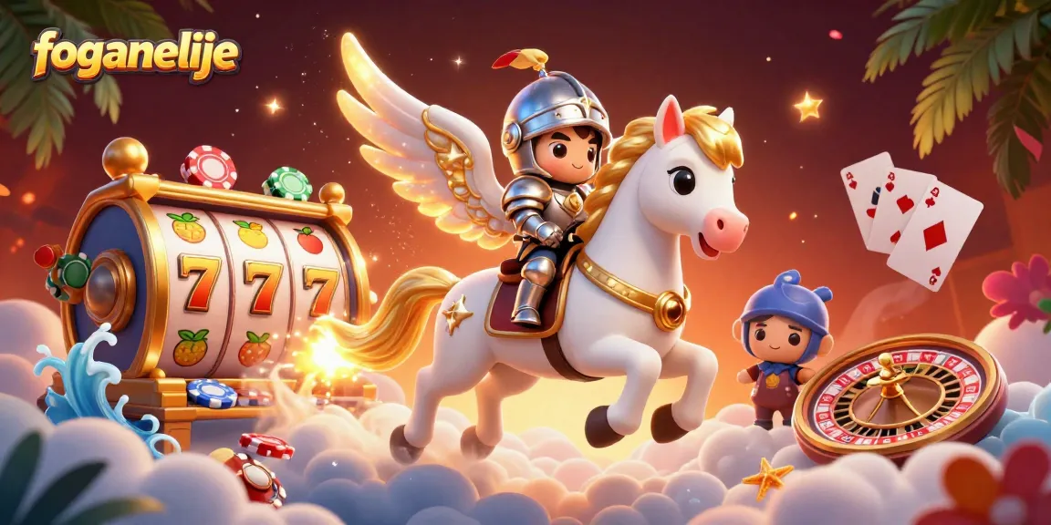 Experience the excitement of foganelije with a dynamic 3D casino scene featuring a celestial horse and gaming elements.