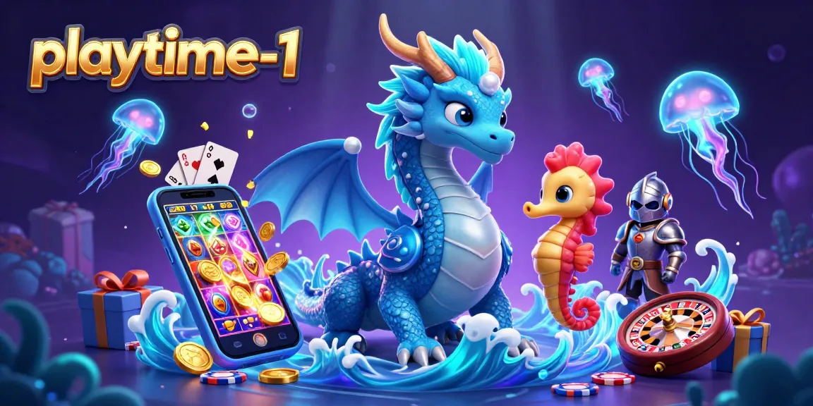 Engaging playtime-1 casino illustration featuring a vibrant 3D water dragon and dynamic gaming elements.
