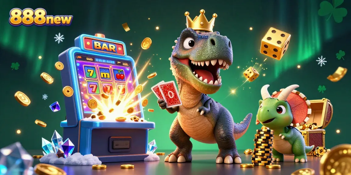 Experience the thrill of 888new as a T-Rex shuffles cards with pterodactyl help in a vibrant casino.