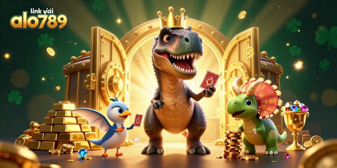 Engage with the excitement of link vào alo789, featuring a fun dinosaur scene immersed in gambling with gold treasures everywhere.