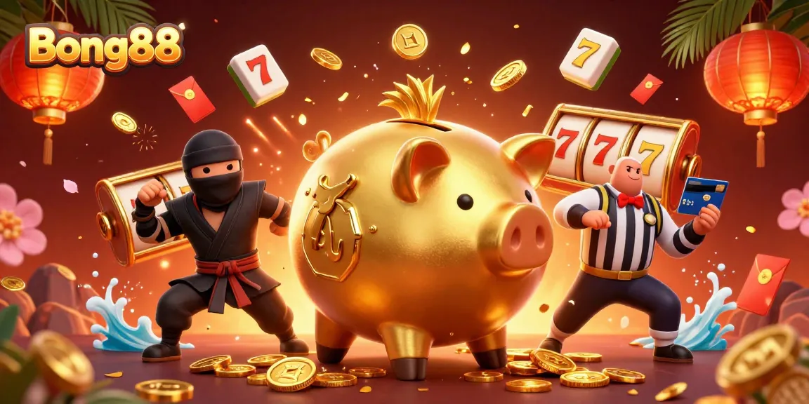 Bong88 players enjoying immersive gaming with a vibrant golden sumo wrestler, ninja, and samurai in a rich casino scene.