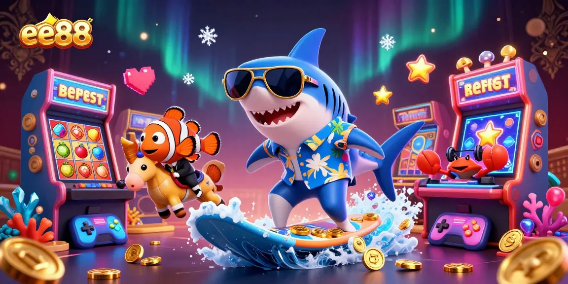 Experience the thrill of ee88 gaming with our vibrant 3D casino illustration featuring a shark and colorful slot elements.