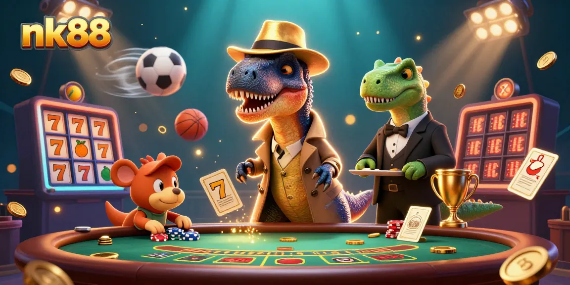 Nk88 features a cartoon velociraptor card counter amidst casino activity, enhancing the gambling experience.