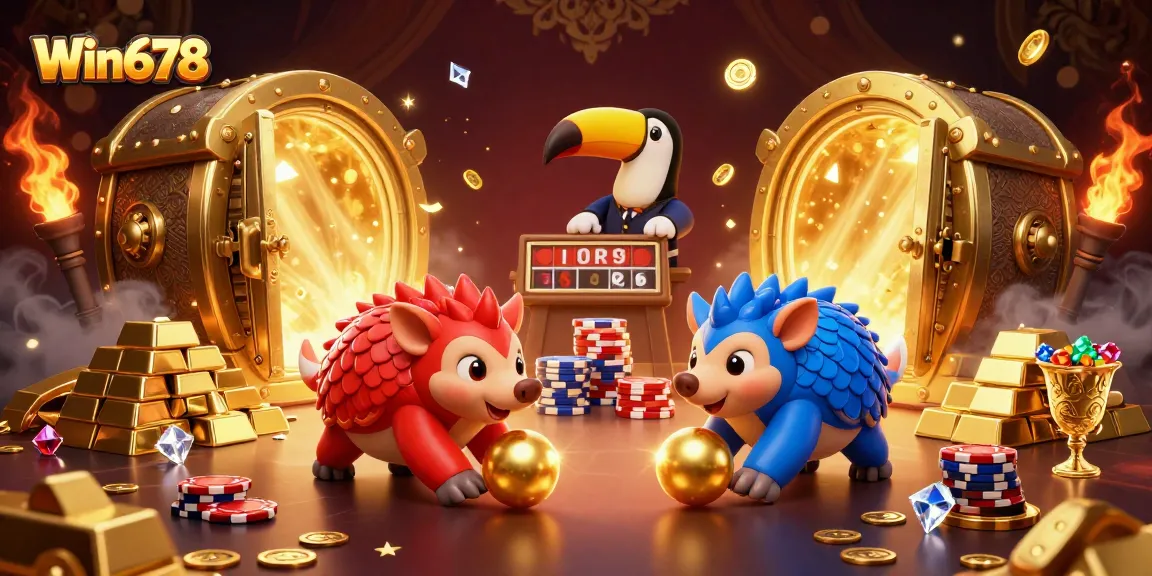 Win678 pangolins bowling through poker chips in a vibrant casino scene filled with treasures.